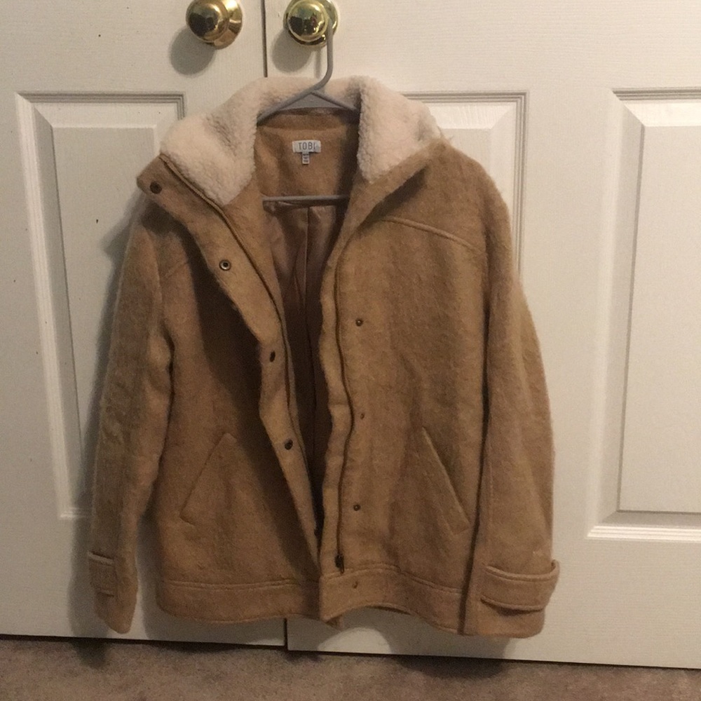 “Deep canyon camel shearling wool jacket”